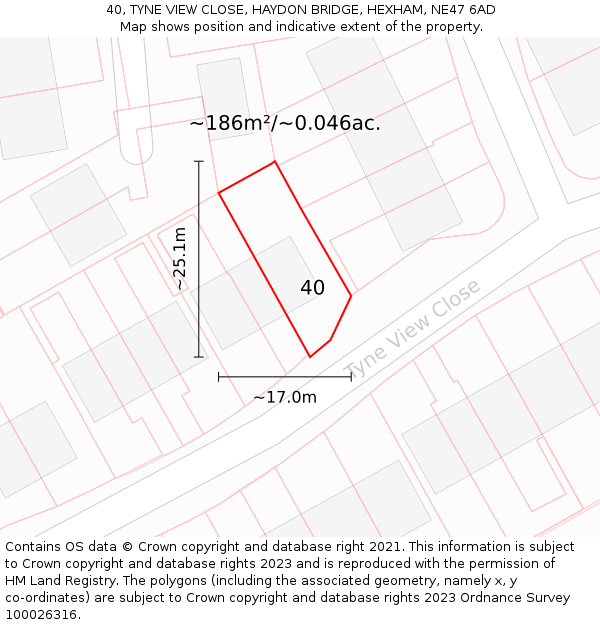 40, TYNE VIEW CLOSE, HAYDON BRIDGE, HEXHAM, NE47 6AD: Plot and title map