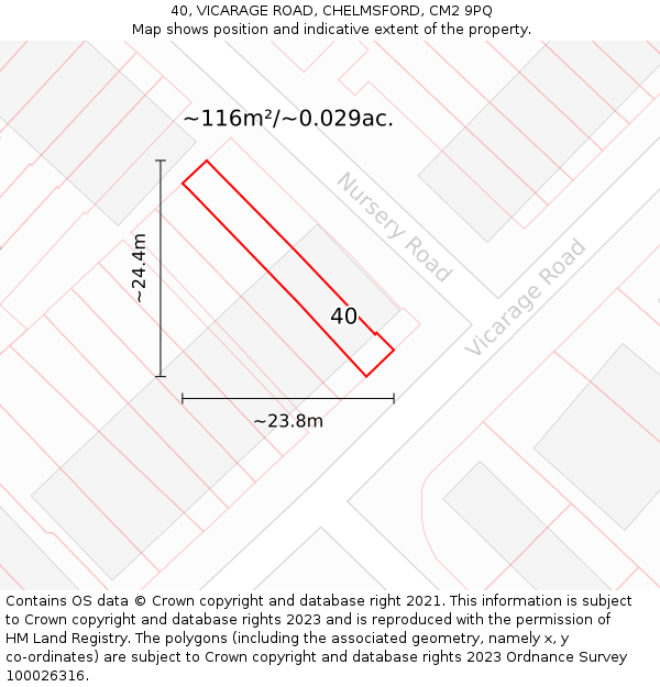 40, VICARAGE ROAD, CHELMSFORD, CM2 9PQ: Plot and title map