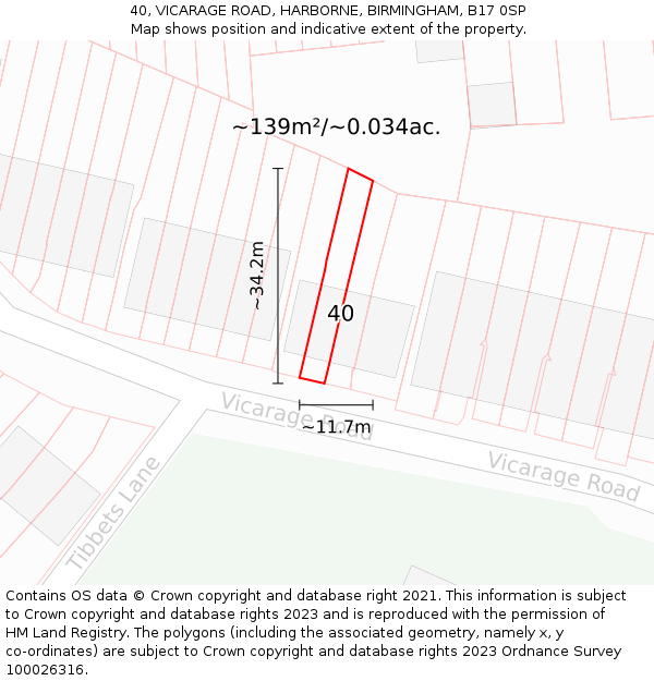 40, VICARAGE ROAD, HARBORNE, BIRMINGHAM, B17 0SP: Plot and title map
