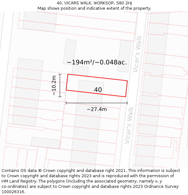 40, VICARS WALK, WORKSOP, S80 2HJ: Plot and title map
