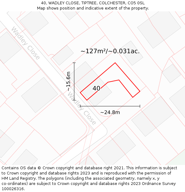 40, WADLEY CLOSE, TIPTREE, COLCHESTER, CO5 0SL: Plot and title map