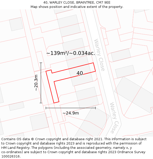 40, WARLEY CLOSE, BRAINTREE, CM7 9EE: Plot and title map