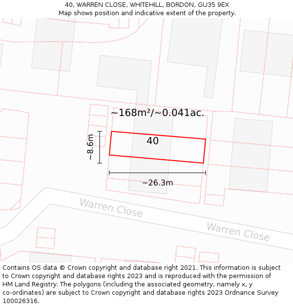 40, WARREN CLOSE, WHITEHILL, BORDON, GU35 9EX: Plot and title map