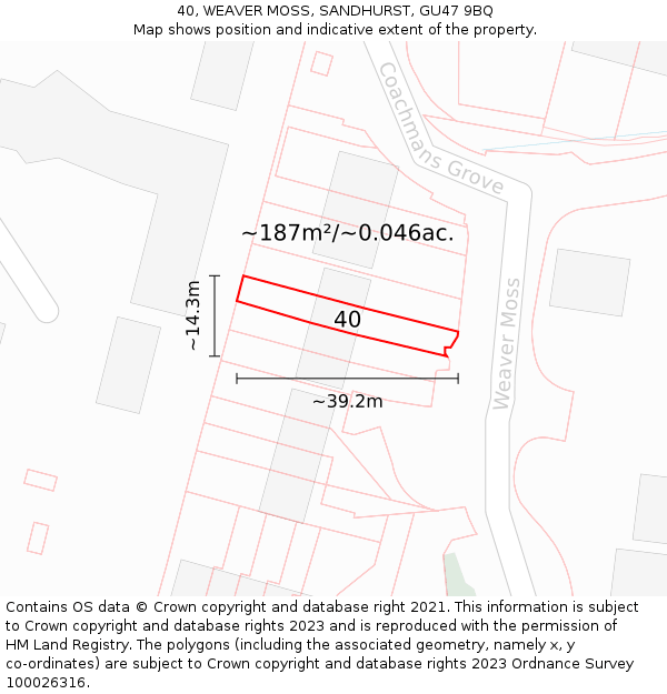 40, WEAVER MOSS, SANDHURST, GU47 9BQ: Plot and title map