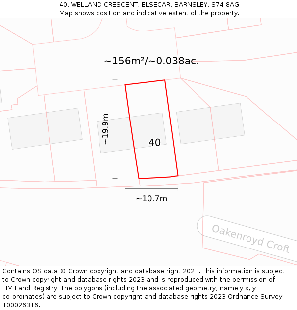 40, WELLAND CRESCENT, ELSECAR, BARNSLEY, S74 8AG: Plot and title map
