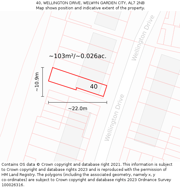 40, WELLINGTON DRIVE, WELWYN GARDEN CITY, AL7 2NB: Plot and title map