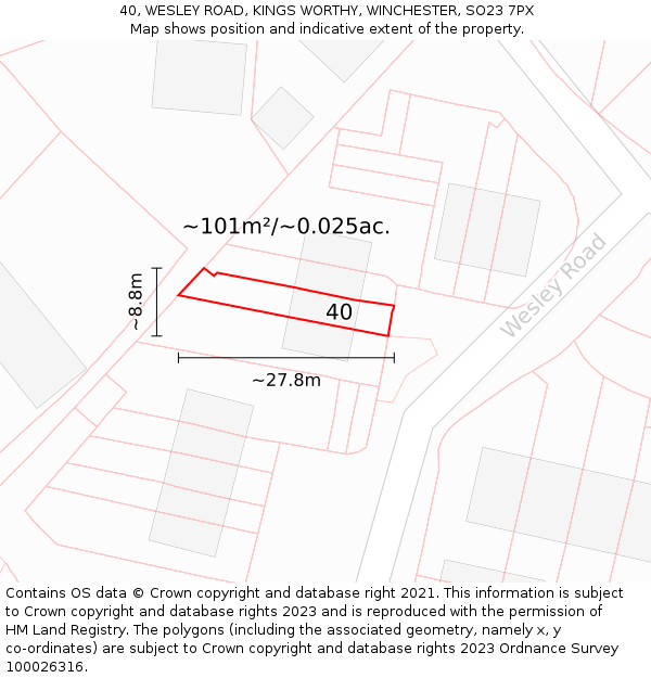 40, WESLEY ROAD, KINGS WORTHY, WINCHESTER, SO23 7PX: Plot and title map