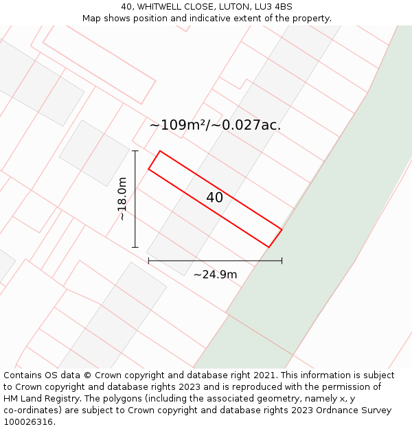 40, WHITWELL CLOSE, LUTON, LU3 4BS: Plot and title map