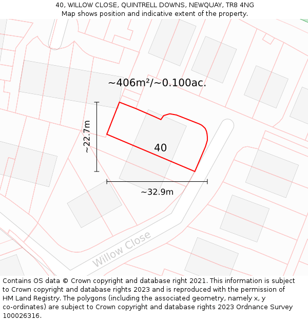 40, WILLOW CLOSE, QUINTRELL DOWNS, NEWQUAY, TR8 4NG: Plot and title map