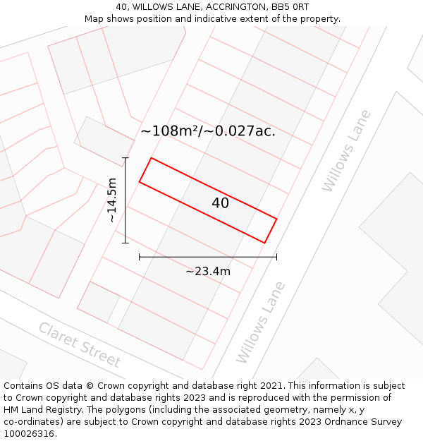 40, WILLOWS LANE, ACCRINGTON, BB5 0RT: Plot and title map