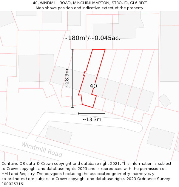 40, WINDMILL ROAD, MINCHINHAMPTON, STROUD, GL6 9DZ: Plot and title map