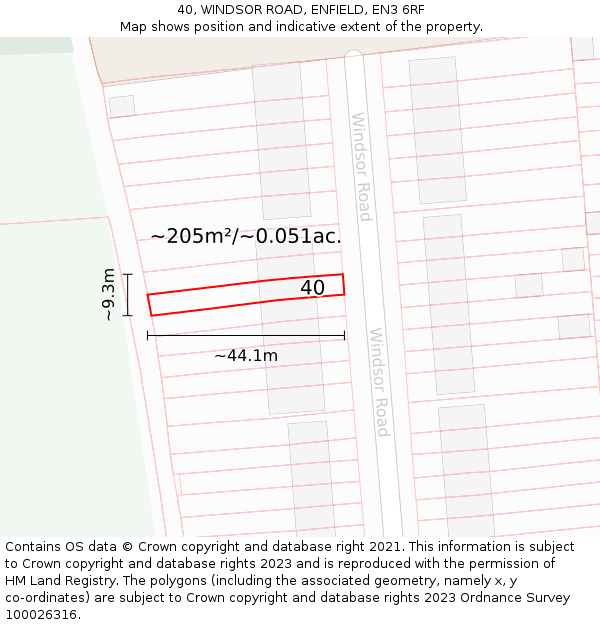 40, WINDSOR ROAD, ENFIELD, EN3 6RF: Plot and title map