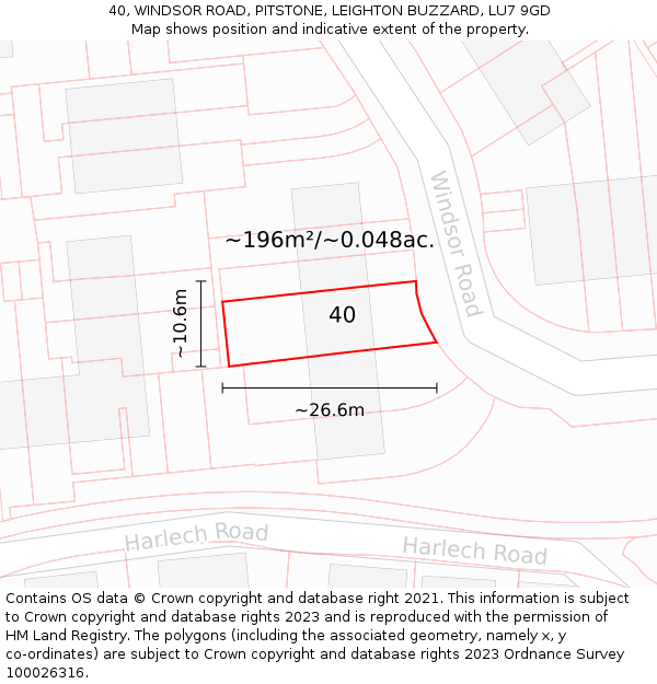 40, WINDSOR ROAD, PITSTONE, LEIGHTON BUZZARD, LU7 9GD: Plot and title map