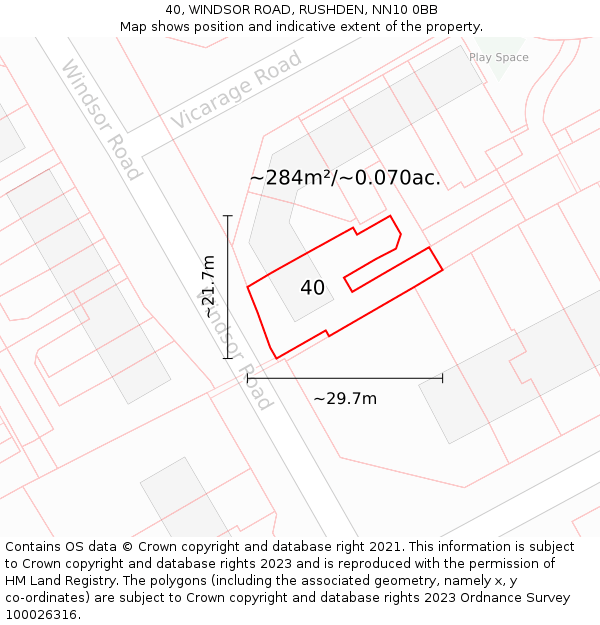 40, WINDSOR ROAD, RUSHDEN, NN10 0BB: Plot and title map