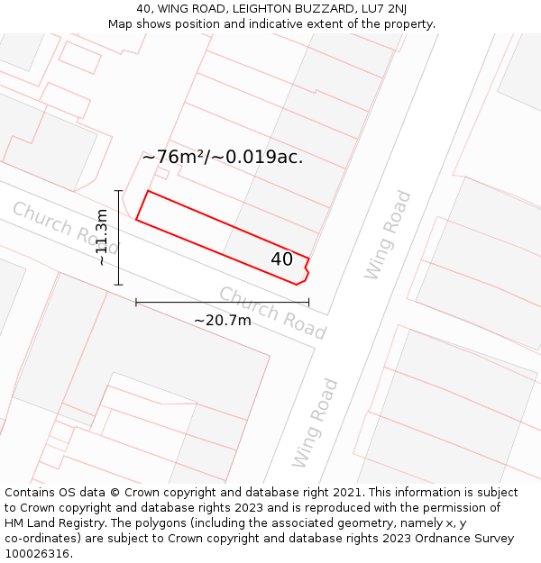40, WING ROAD, LEIGHTON BUZZARD, LU7 2NJ: Plot and title map