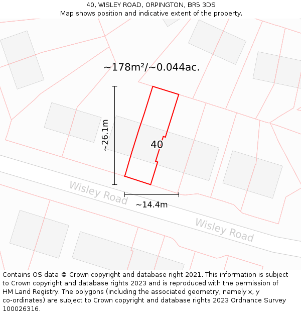 40, WISLEY ROAD, ORPINGTON, BR5 3DS: Plot and title map