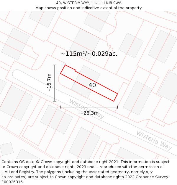 40, WISTERIA WAY, HULL, HU8 9WA: Plot and title map