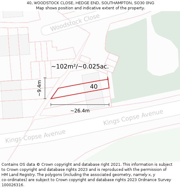 40, WOODSTOCK CLOSE, HEDGE END, SOUTHAMPTON, SO30 0NG: Plot and title map