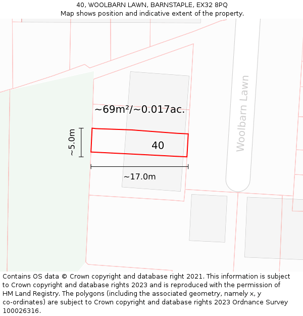 40, WOOLBARN LAWN, BARNSTAPLE, EX32 8PQ: Plot and title map