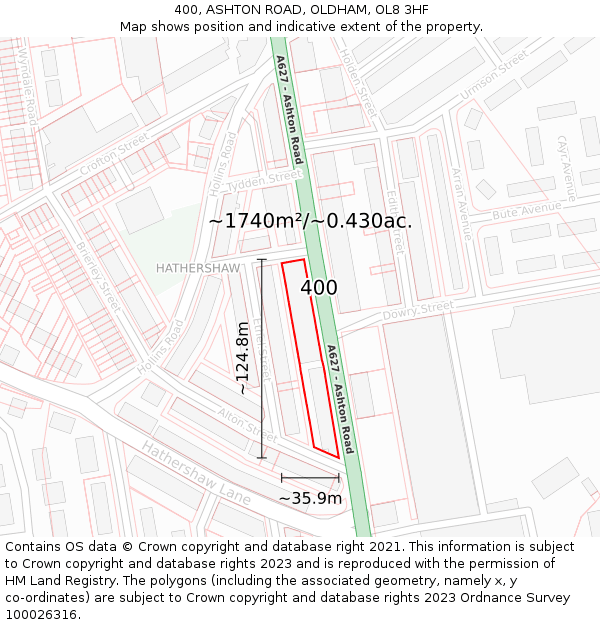 400, ASHTON ROAD, OLDHAM, OL8 3HF: Plot and title map