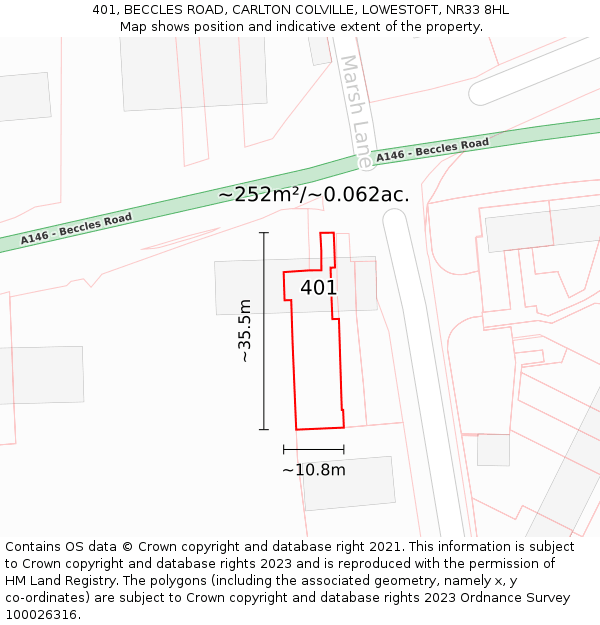 401, BECCLES ROAD, CARLTON COLVILLE, LOWESTOFT, NR33 8HL: Plot and title map