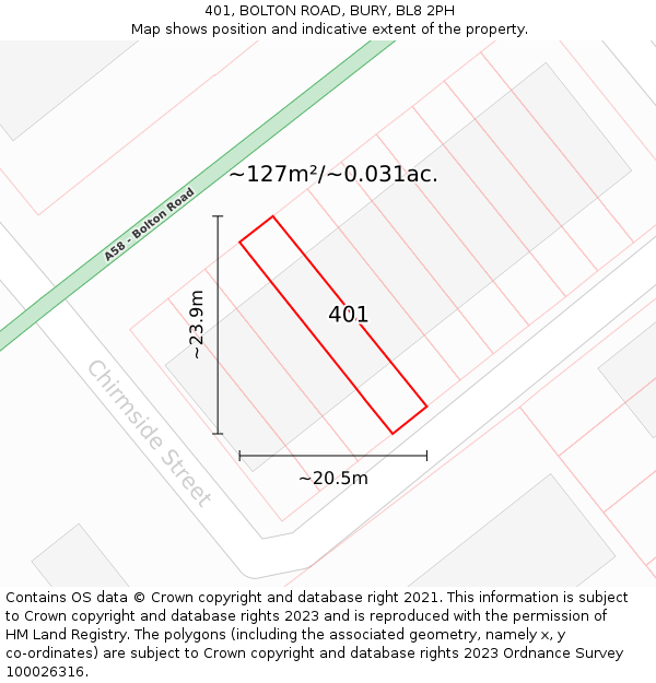 401, BOLTON ROAD, BURY, BL8 2PH: Plot and title map