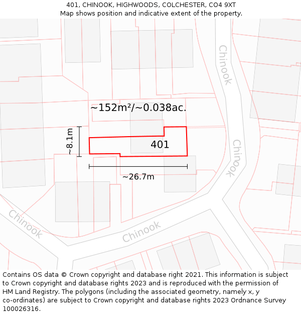 401, CHINOOK, HIGHWOODS, COLCHESTER, CO4 9XT: Plot and title map