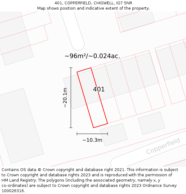 401, COPPERFIELD, CHIGWELL, IG7 5NR: Plot and title map