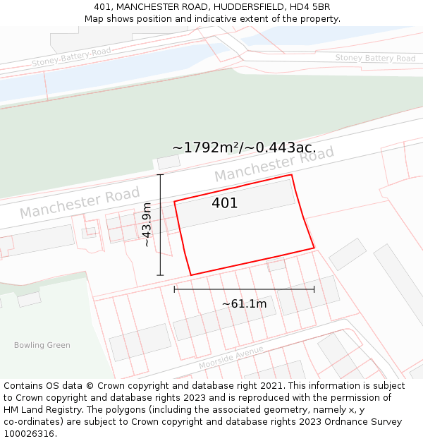 401, MANCHESTER ROAD, HUDDERSFIELD, HD4 5BR: Plot and title map