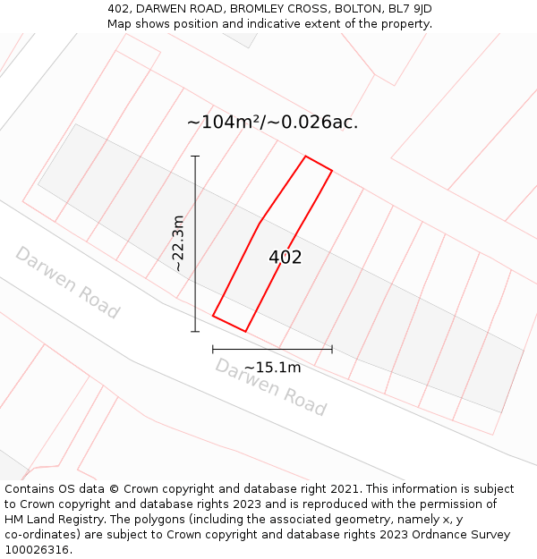 402, DARWEN ROAD, BROMLEY CROSS, BOLTON, BL7 9JD: Plot and title map