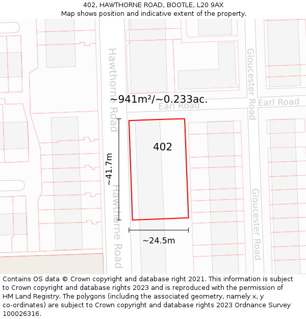 402, HAWTHORNE ROAD, BOOTLE, L20 9AX: Plot and title map