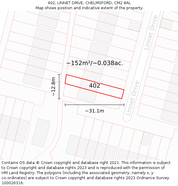 402, LINNET DRIVE, CHELMSFORD, CM2 8AL: Plot and title map