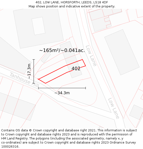 402, LOW LANE, HORSFORTH, LEEDS, LS18 4DF: Plot and title map