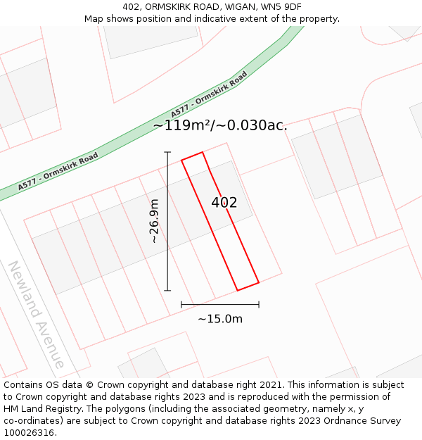 402, ORMSKIRK ROAD, WIGAN, WN5 9DF: Plot and title map