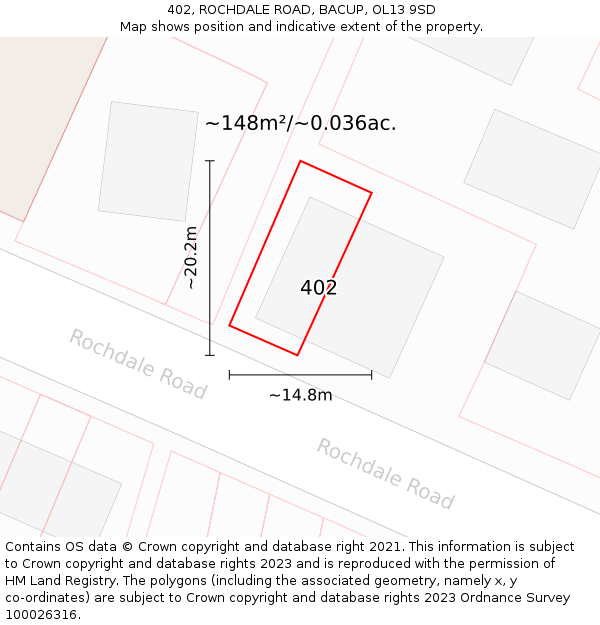 402, ROCHDALE ROAD, BACUP, OL13 9SD: Plot and title map