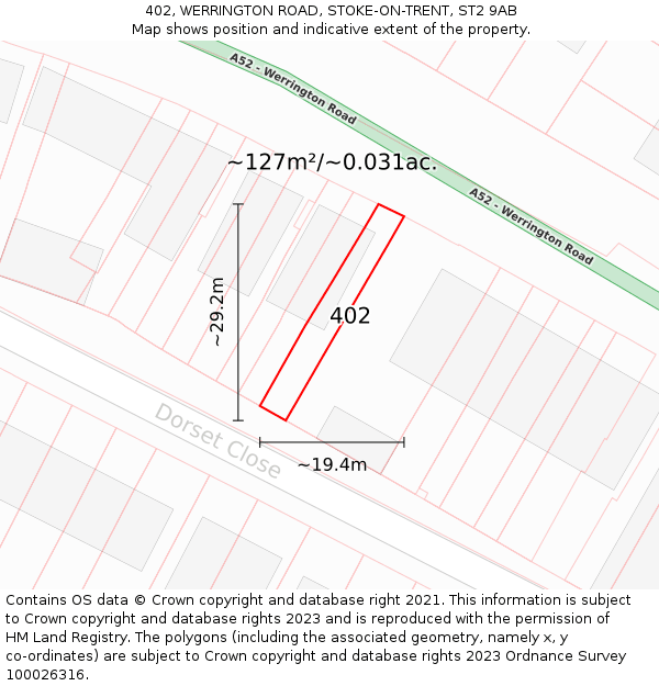 402, WERRINGTON ROAD, STOKE-ON-TRENT, ST2 9AB: Plot and title map