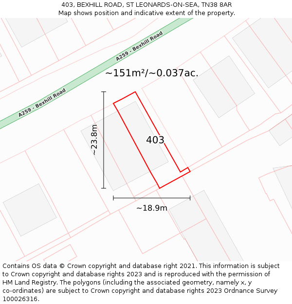 403, BEXHILL ROAD, ST LEONARDS-ON-SEA, TN38 8AR: Plot and title map