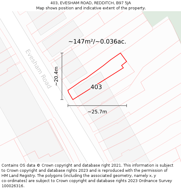 403, EVESHAM ROAD, REDDITCH, B97 5JA: Plot and title map