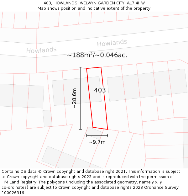 403, HOWLANDS, WELWYN GARDEN CITY, AL7 4HW: Plot and title map