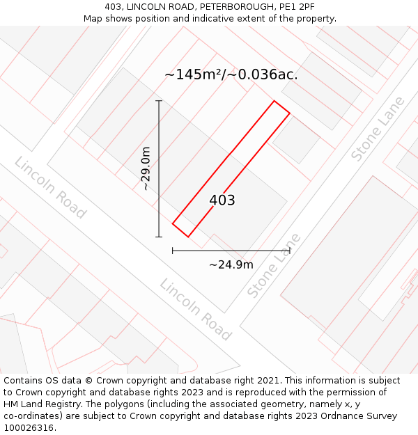 403, LINCOLN ROAD, PETERBOROUGH, PE1 2PF: Plot and title map