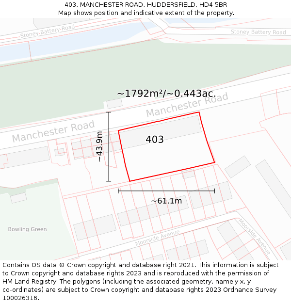 403, MANCHESTER ROAD, HUDDERSFIELD, HD4 5BR: Plot and title map