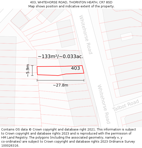 403, WHITEHORSE ROAD, THORNTON HEATH, CR7 8SD: Plot and title map