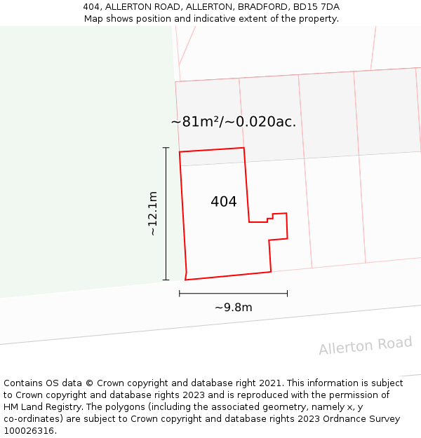 404, ALLERTON ROAD, ALLERTON, BRADFORD, BD15 7DA: Plot and title map