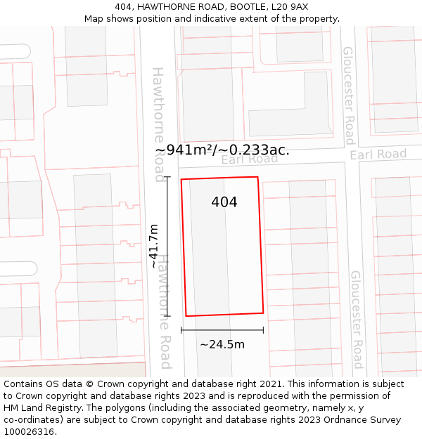 404, HAWTHORNE ROAD, BOOTLE, L20 9AX: Plot and title map