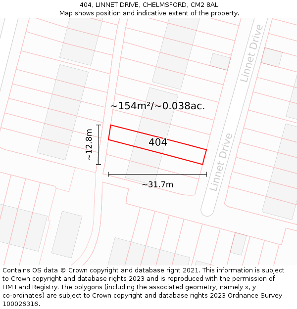 404, LINNET DRIVE, CHELMSFORD, CM2 8AL: Plot and title map