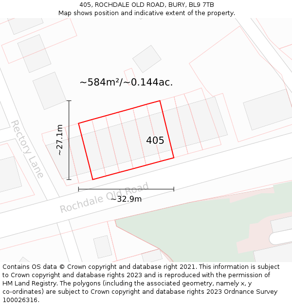405, ROCHDALE OLD ROAD, BURY, BL9 7TB: Plot and title map