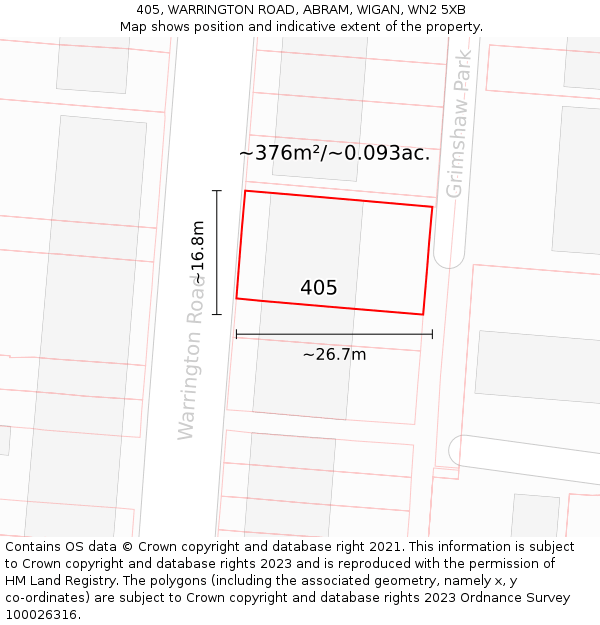 405, WARRINGTON ROAD, ABRAM, WIGAN, WN2 5XB: Plot and title map