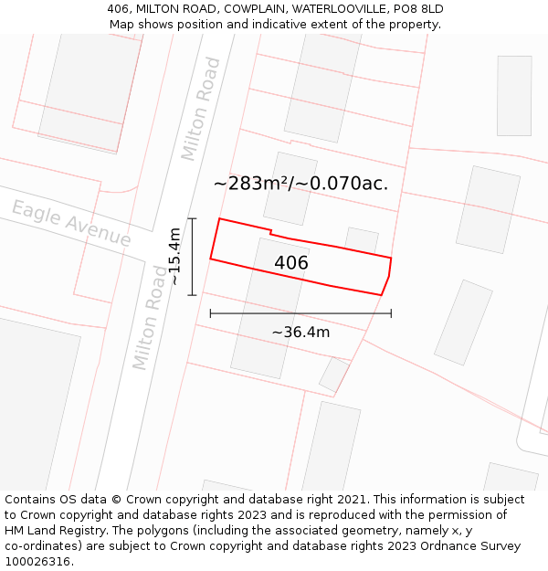 406, MILTON ROAD, COWPLAIN, WATERLOOVILLE, PO8 8LD: Plot and title map
