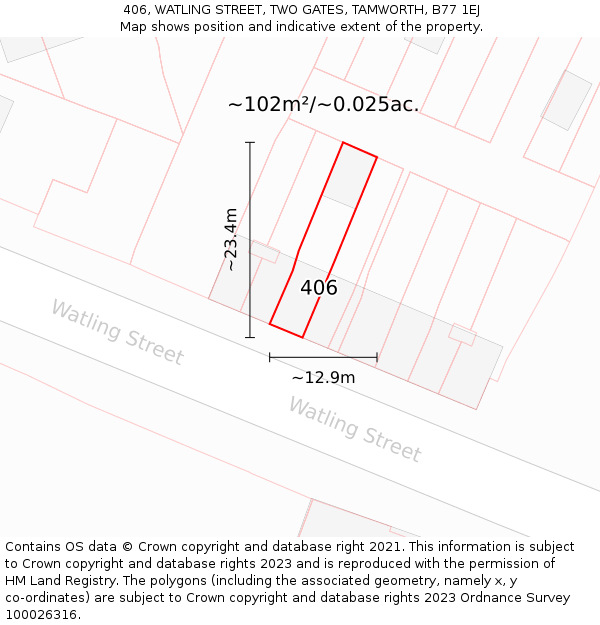406, WATLING STREET, TWO GATES, TAMWORTH, B77 1EJ: Plot and title map