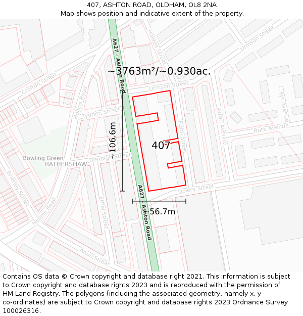 407, ASHTON ROAD, OLDHAM, OL8 2NA: Plot and title map